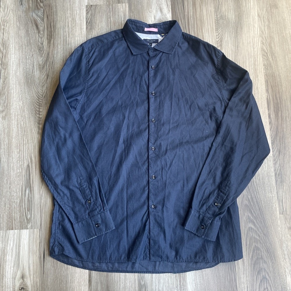 Ted Baker London Navy Blue Micro Dot Floral Trim Button Down Shirt Size 6 XXL